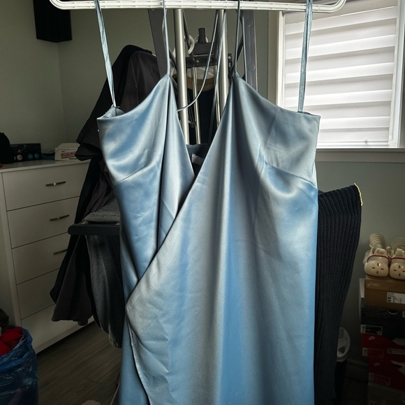 Fourteenth Place Satin Feel Blue Slip Wrap Dress - Picture 4 of 11